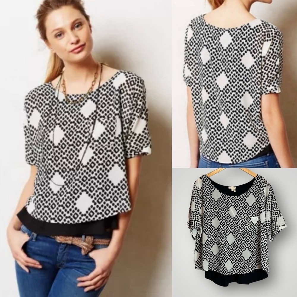 Anthropologie Meadow Rue Zane Top Size Large Layered Boho Blouse Geometric
